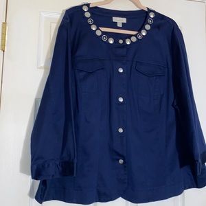 Dress Barn Women’s Silver Tone Embellished Neck Line Navy Blue Jacket 22/24 Plus